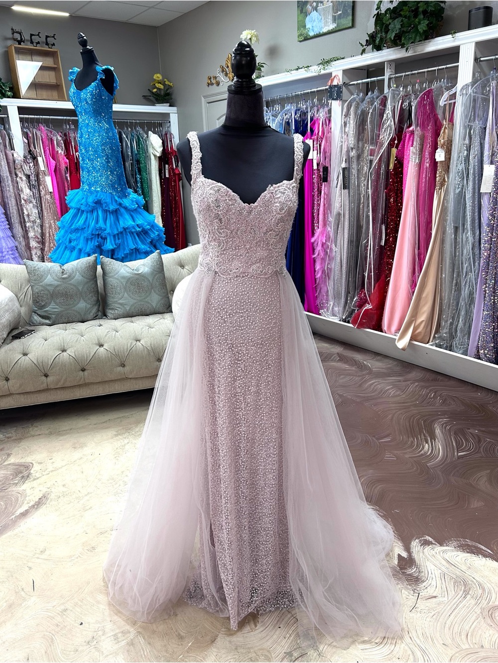 Blush Pink Beaded Tulle Prom Gown